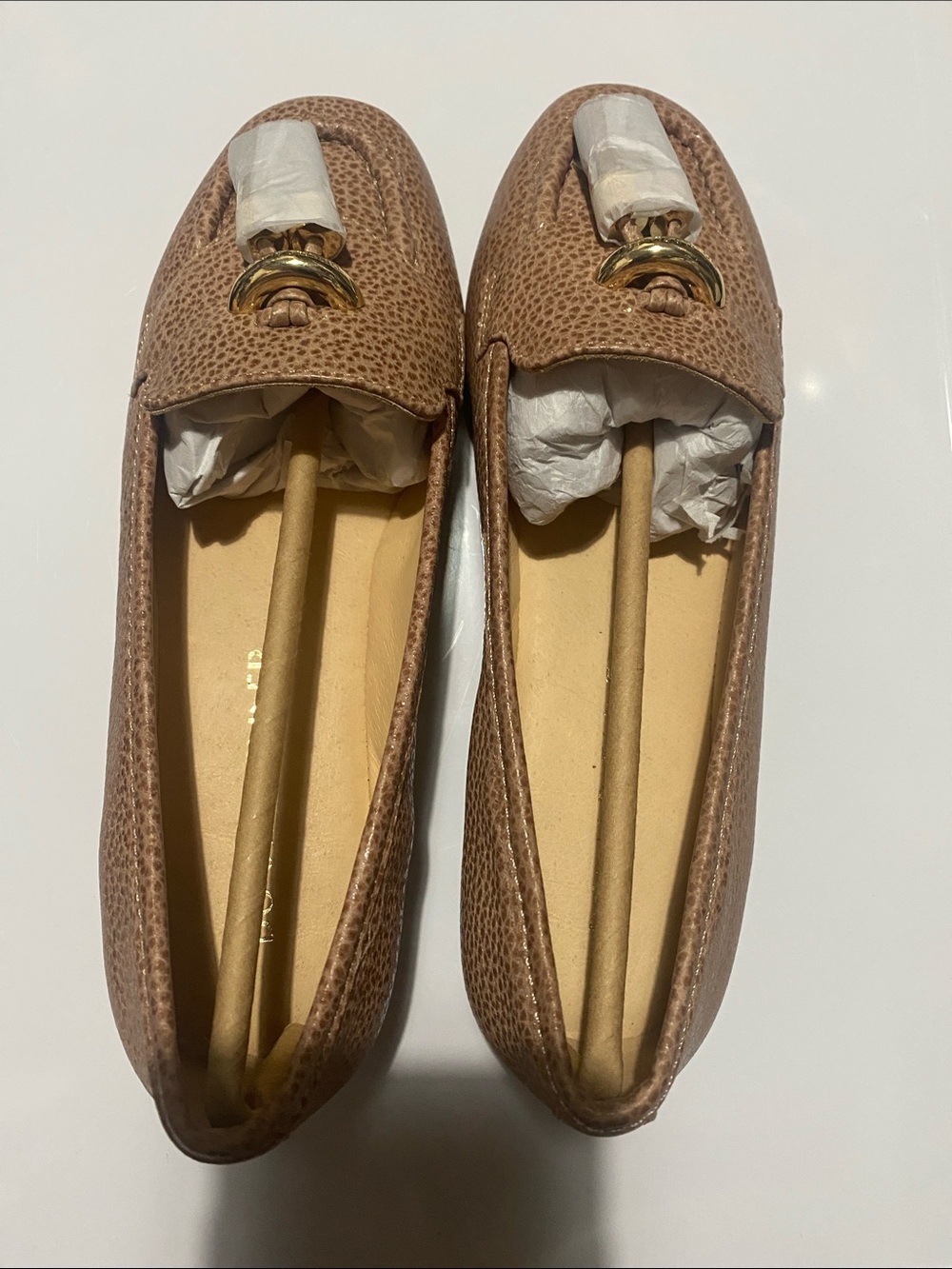 Donald J. Pliner Pebbled Tan Loafers with Gold Hardware